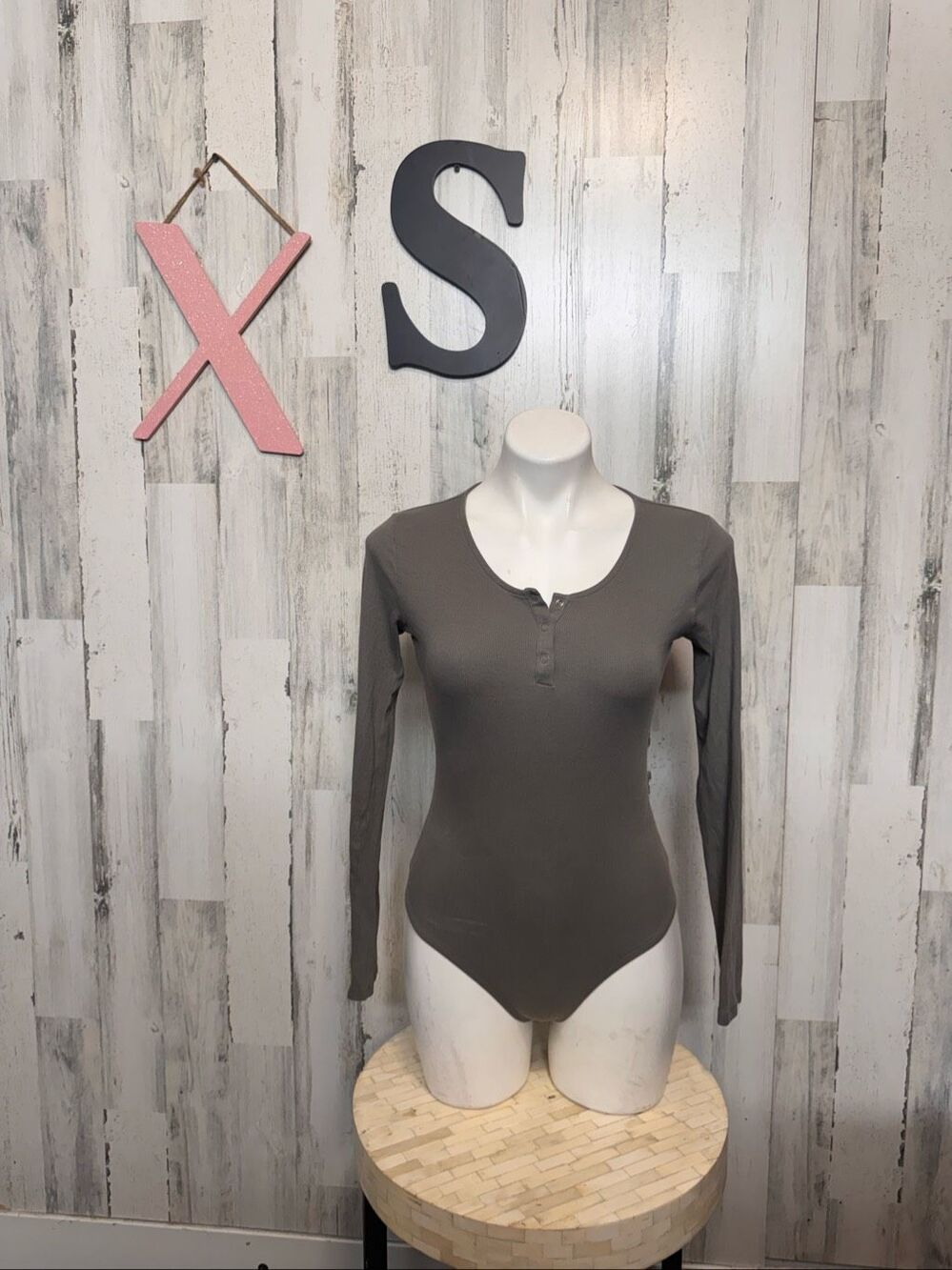 Primark Ribbed Henley Long Sleeve Bodysuit Womens XS Charcoal Grey Cotton Stretc